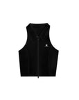 Black zip-front tennis tank with a collar and subtle logo, offering a chic look for on-court wear.