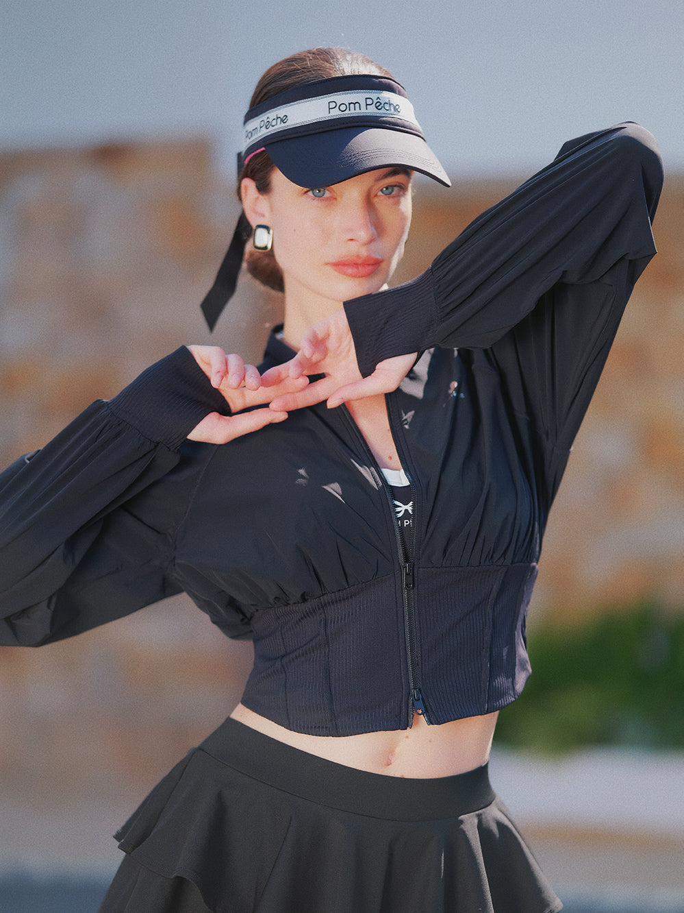 UV Protection Cropped Tennis Jacket with Waist Cinch - Black