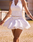 Spin™ Rose Petal Skirt - White, featuring a high waist silhouette, four layers of mesh, and a detachable rose accessory design.