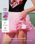Close-up of built-in shorts on the macarons pink skirt, showing side pockets for storing tennis balls or small essentials.