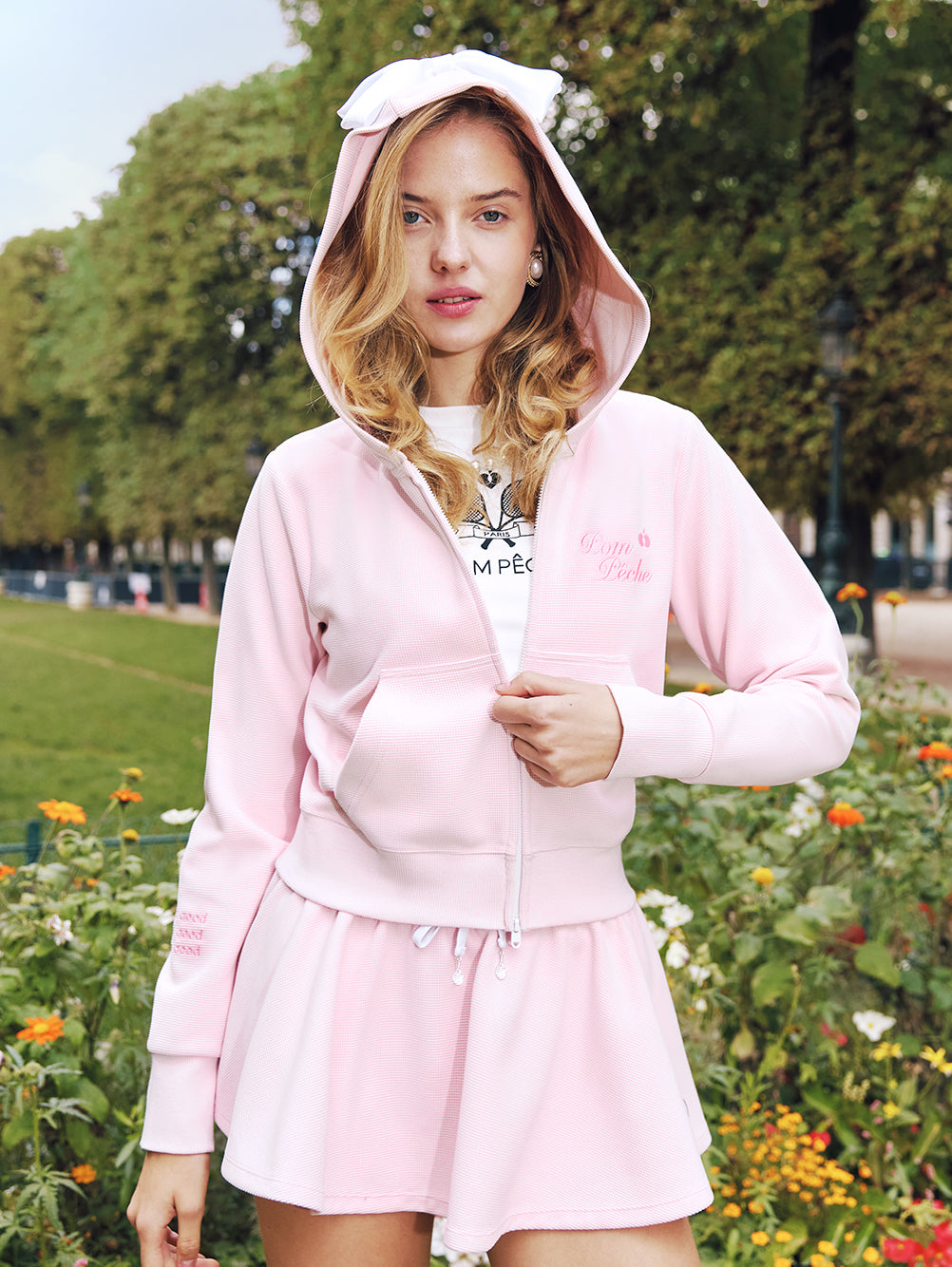 White Waffle Hoodie For Women - Pink