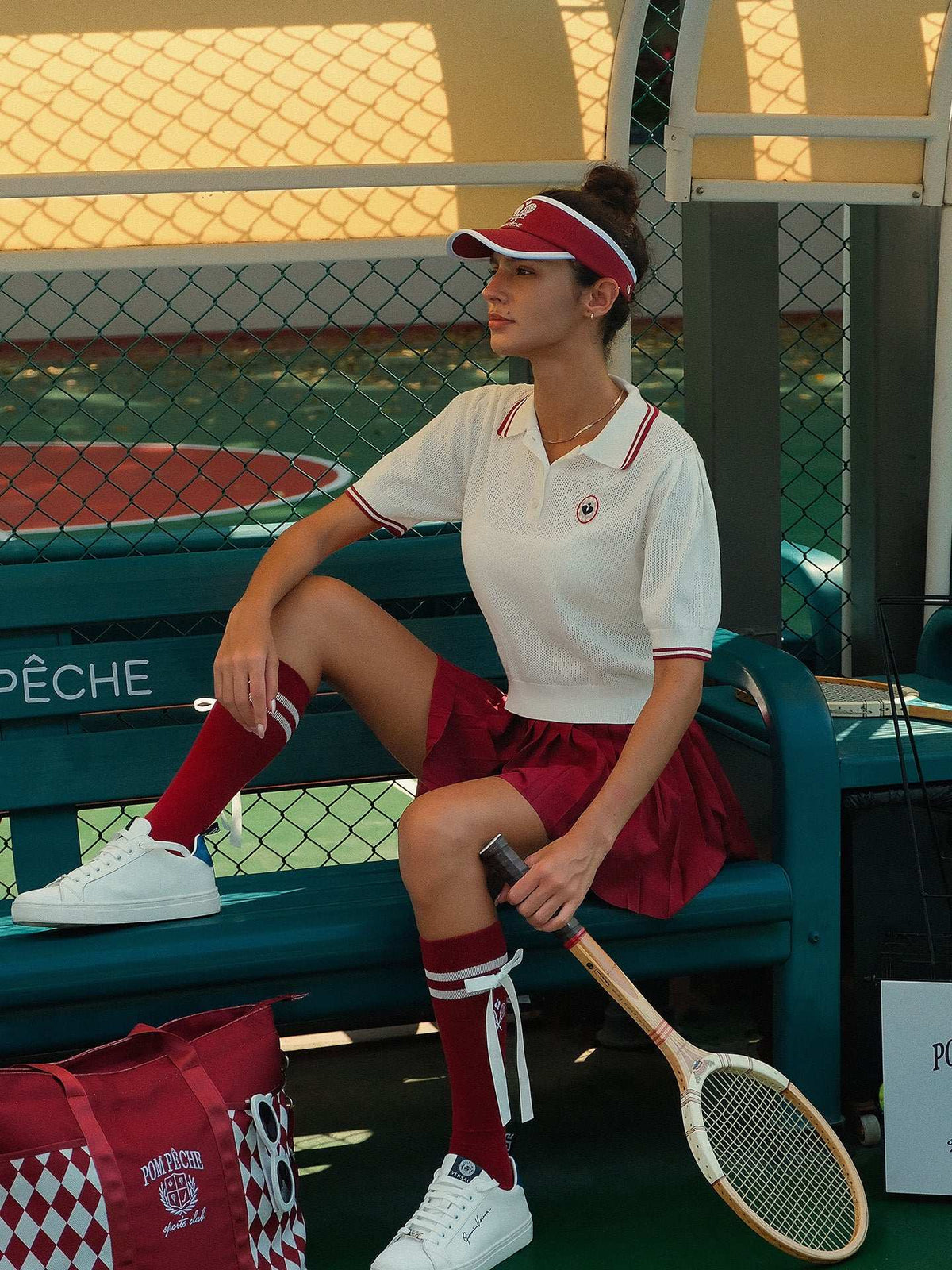 Pom Pêche wine red checkered tennis tote bag with embroidered logo.