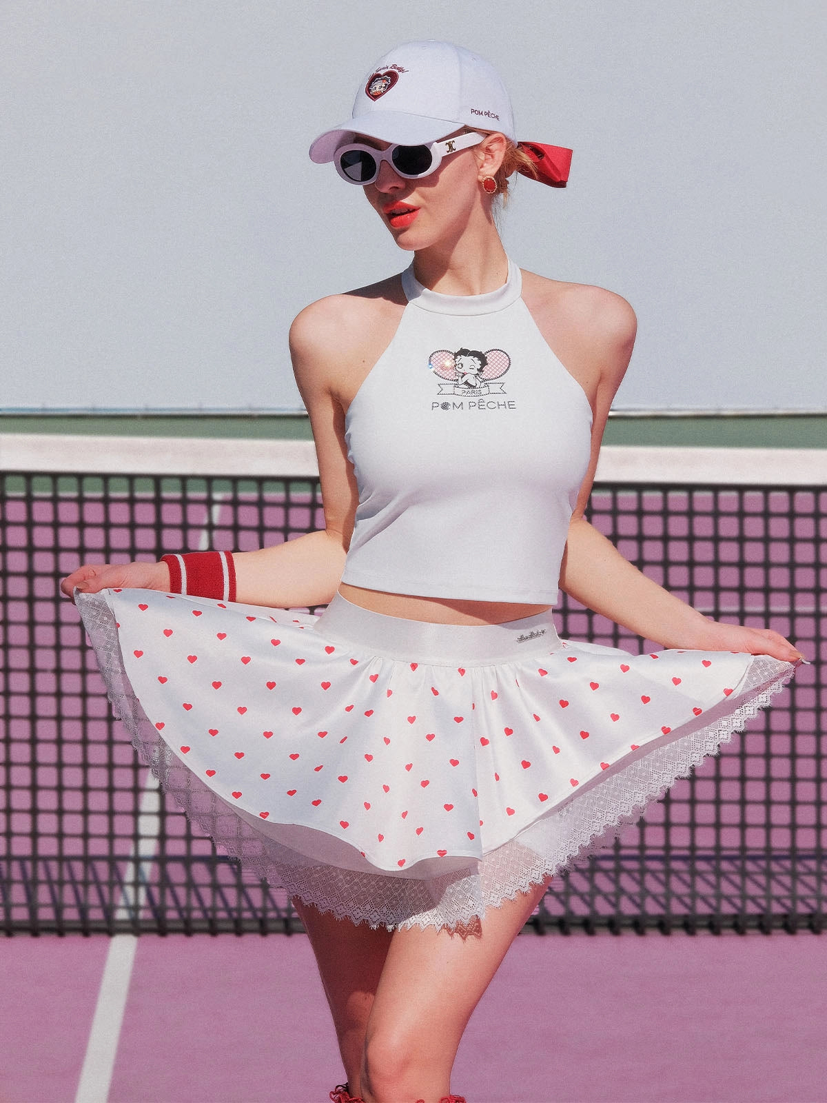 Betty Boop Spin™ Heart Dot Lace Skirt in White and Red, asymmetrical satin tennis skirt with heart print