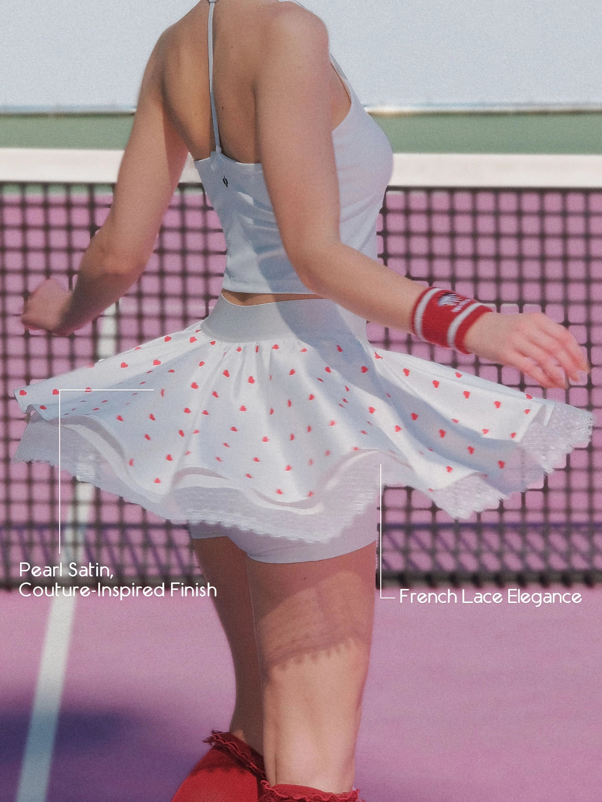 Betty Boop Spin™ Heart Dot Lace Skirt flowing movement, elegant asymmetrical tennis skirt for court and lifestyle