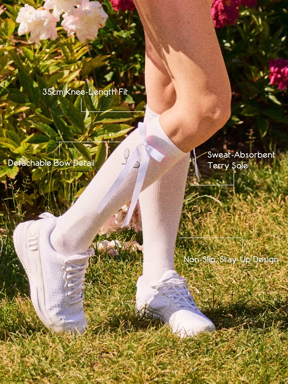 Side view of knee-high socks with detachable bow and non-slip stay-up design