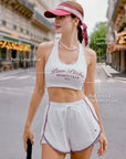 Poise Mesh Back Tank Top White detail, showcasing U neckline design, LYCRA stretch fabric, built-in padded bra support, and elegant tennis activewear style