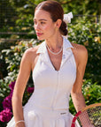 Poise Rose Halter Polo Tank White, women's tennis top with polo collar, rose embroidery, built-in bra support, and elegant athletic silhouette