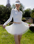 Spin Layered Mesh Pleated Tennis Skirt White detail, showcasing unique waistband design, double layer pleated mesh skirt, and elegant lightweight tennis skort silhouette