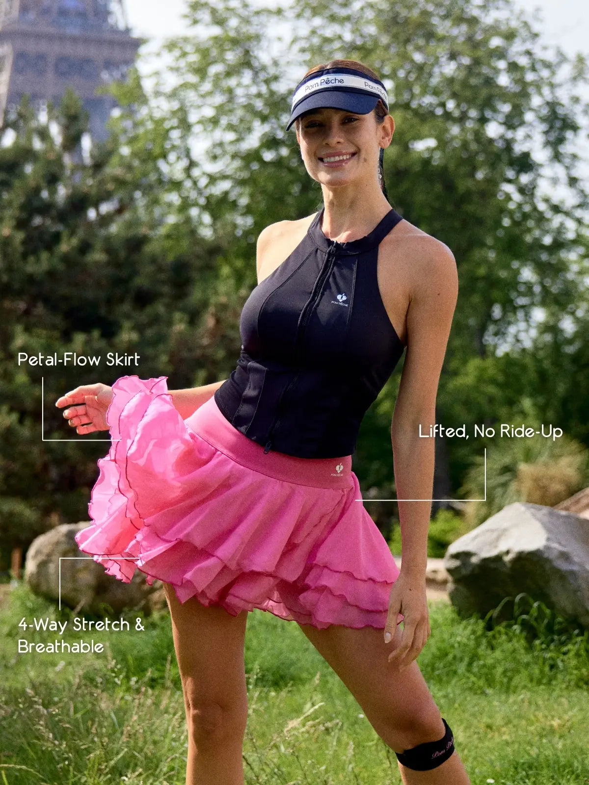 Spin Rose Fairy Spin Skirt front view styling, showcasing high waist fit and flowy petal-inspired chiffon hem with elegant feminine tennis skort style