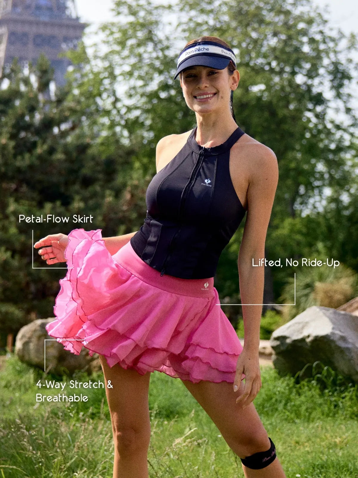 Spin Rose Fairy Spin Skirt front view styling, showcasing high waist fit and flowy petal-inspired chiffon hem with elegant feminine tennis skort style