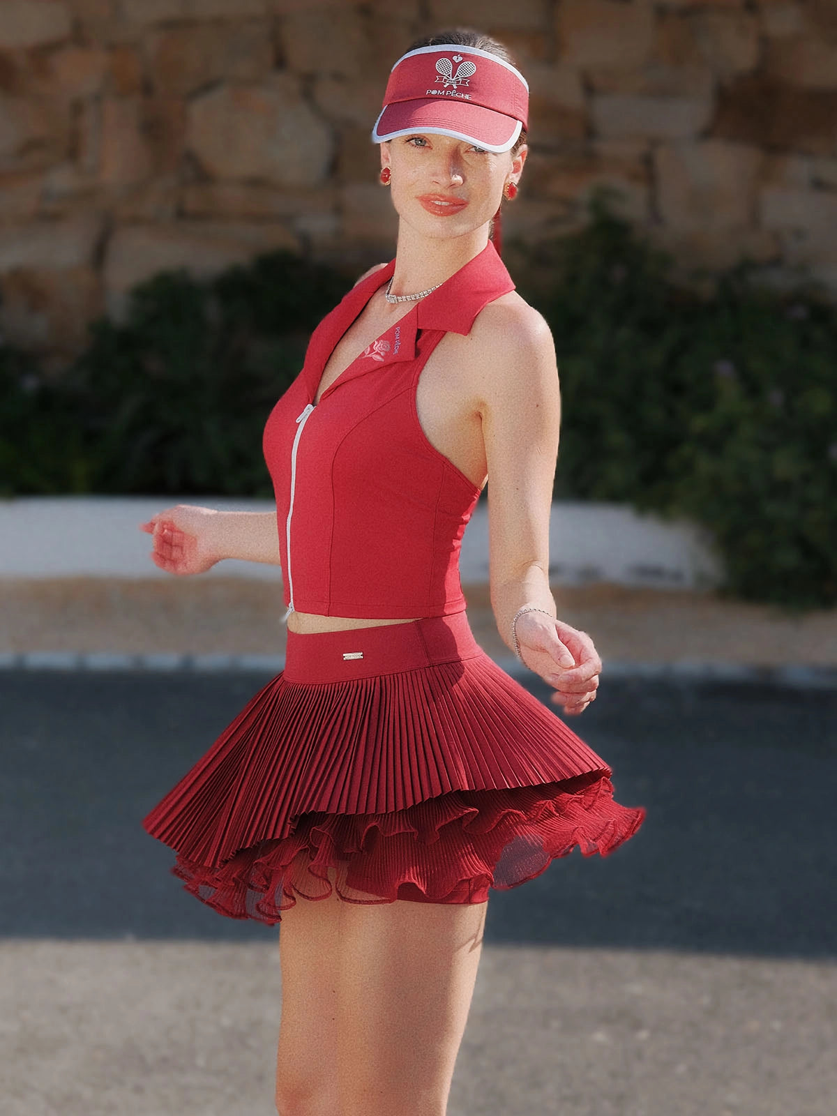 Spin Waltz Layered Skirt Wine Red, women's tennis skort with asymmetric layered pleats, built in shorts, 4 way stretch fabric, and elegant French inspired style