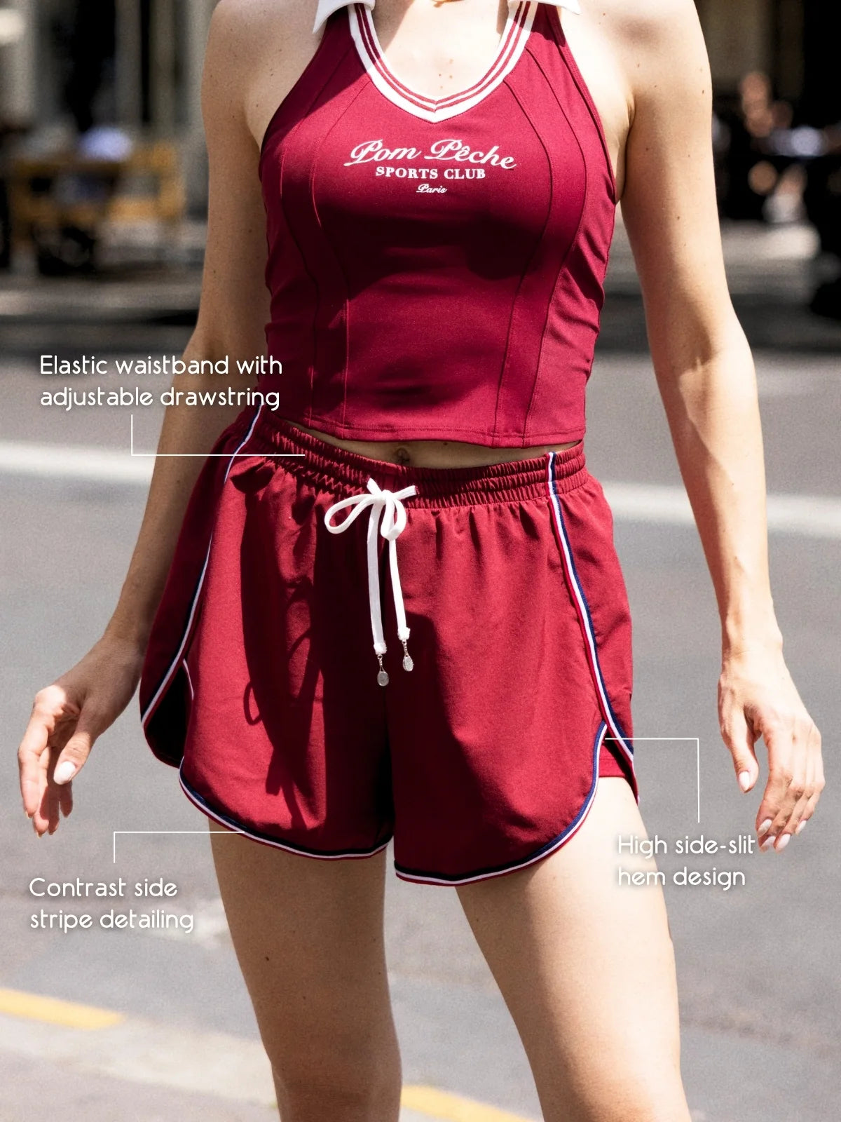 Wine red active shorts elastic waistband with drawstring and built-in inner shorts detail