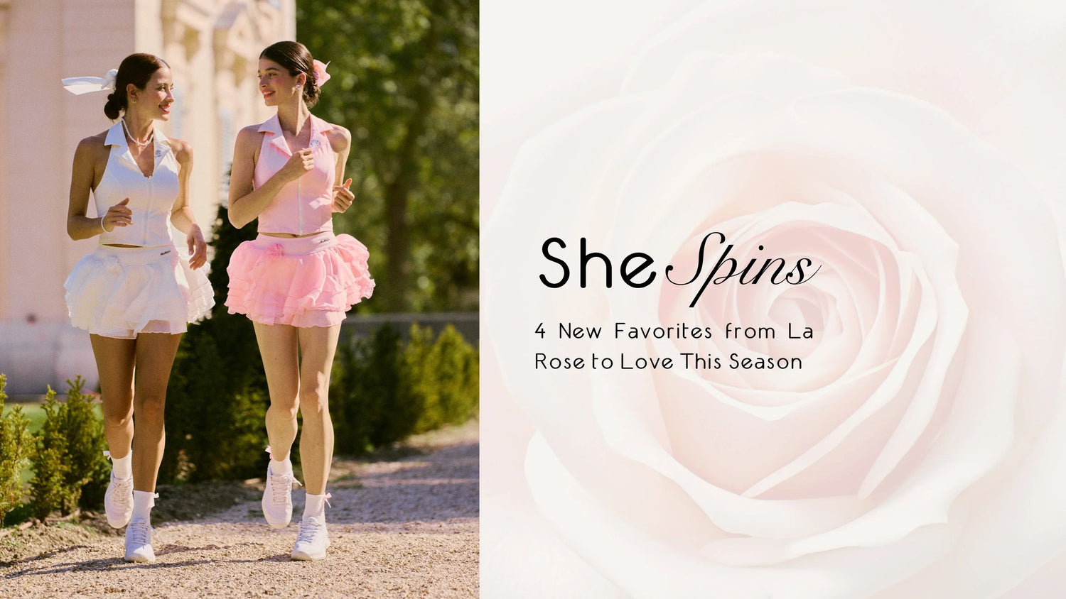 Introducing the Pom Pêche La Rose Collection featuring romantic layered tennis skirts and elegant halter tops inspired by Parisian summer style.