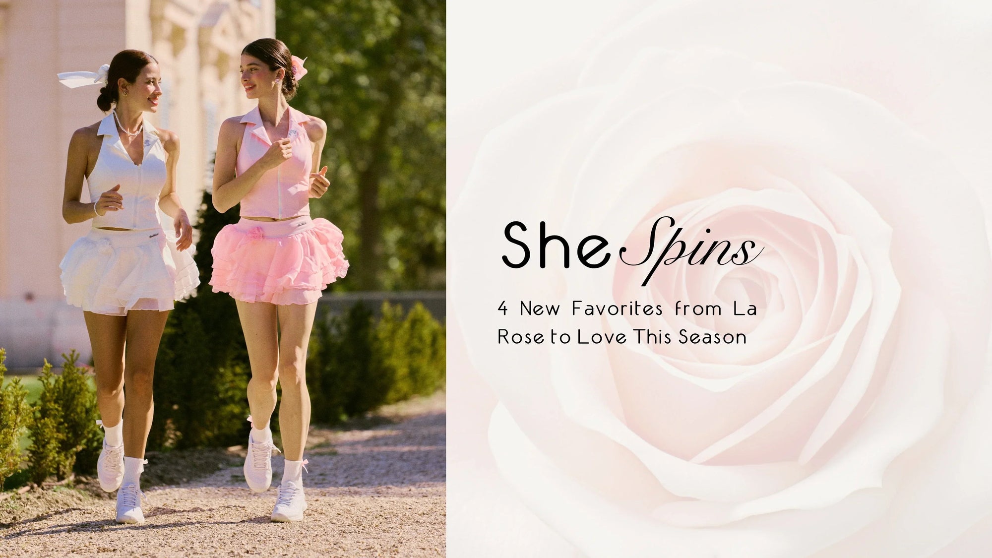 Introducing the Pom Pêche La Rose Collection featuring romantic layered tennis skirts and elegant halter tops inspired by Parisian summer style.