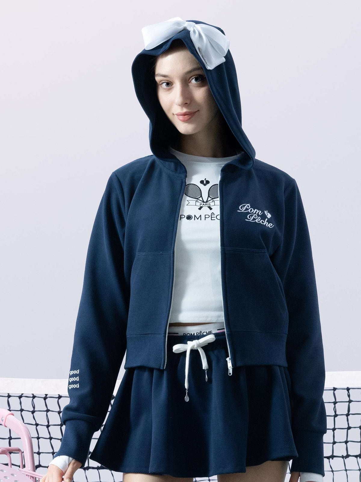 OCTAVIA Waffle Bow Hoodie - Navy Blue