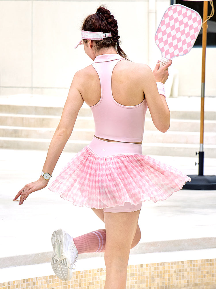 Dia Mesh Pink and White Checkered Print Tennis Skirt