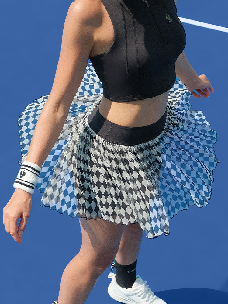 Black and White Plaid Mesh Tennis Skirt