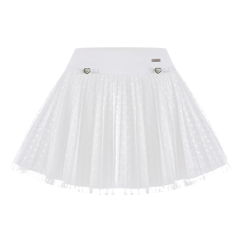 Heart-Dot Pleated Mesh Tennis Skirt - White