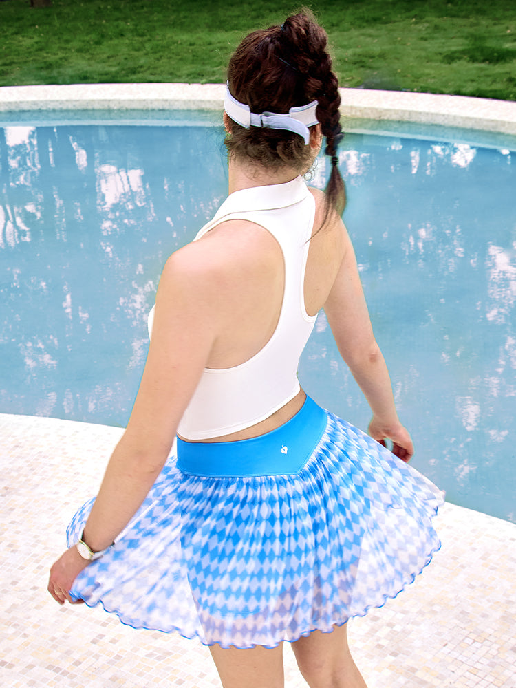 Cyan Mesh Blue and White Checkered Print Tennis Skirt