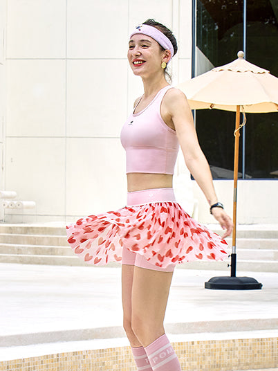 Fleur Pink Heart Mesh Tennis Skirt 2-in-1 with Built-in Safety Shorts