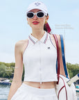 Striped-Collar Tennis Zip Tank Top - White