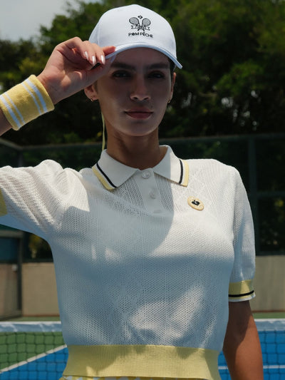 QUELLA Ivy League Puff-Sleeve Polo Shirt with Yellow Trim
