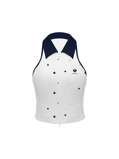 Limted Edition Zip Front Sleeveless Top - Blue Print