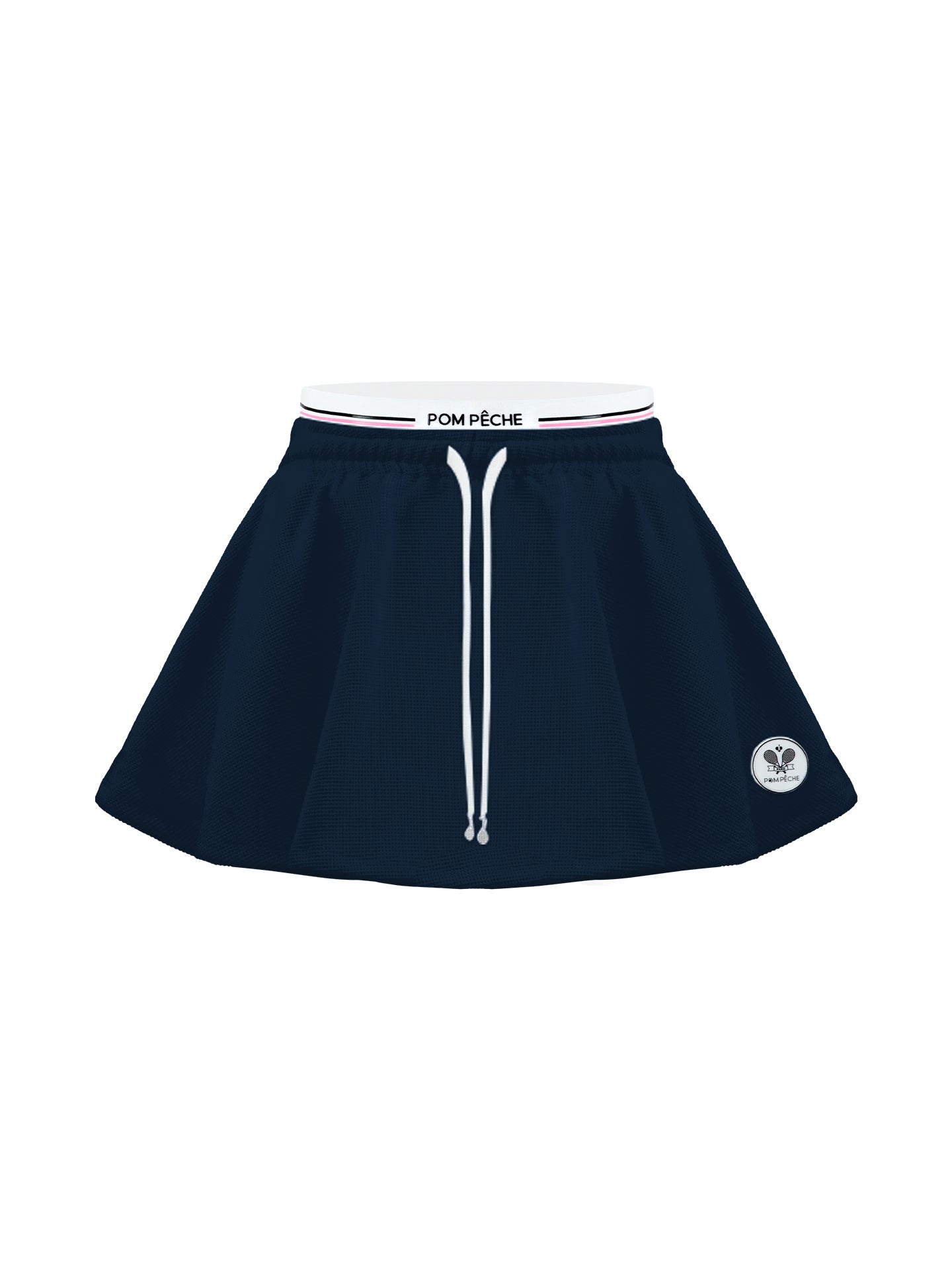 Flat lay of navy A-line tennis skirt with built-in shorts and elastic waistband.
