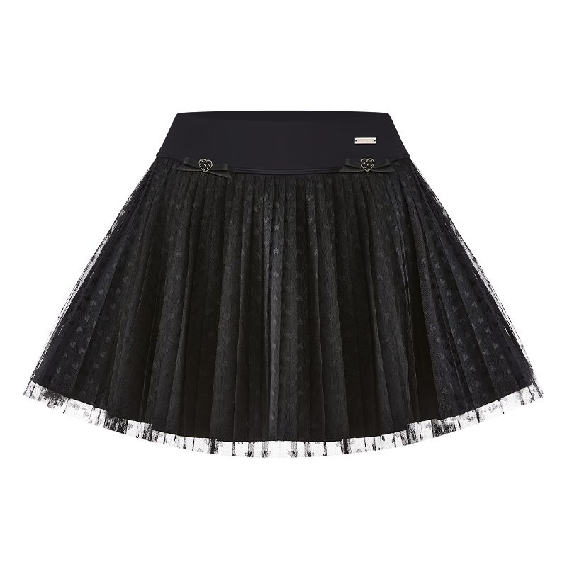 Heart-Dot Pleated Mesh Tennis Skirt - Black