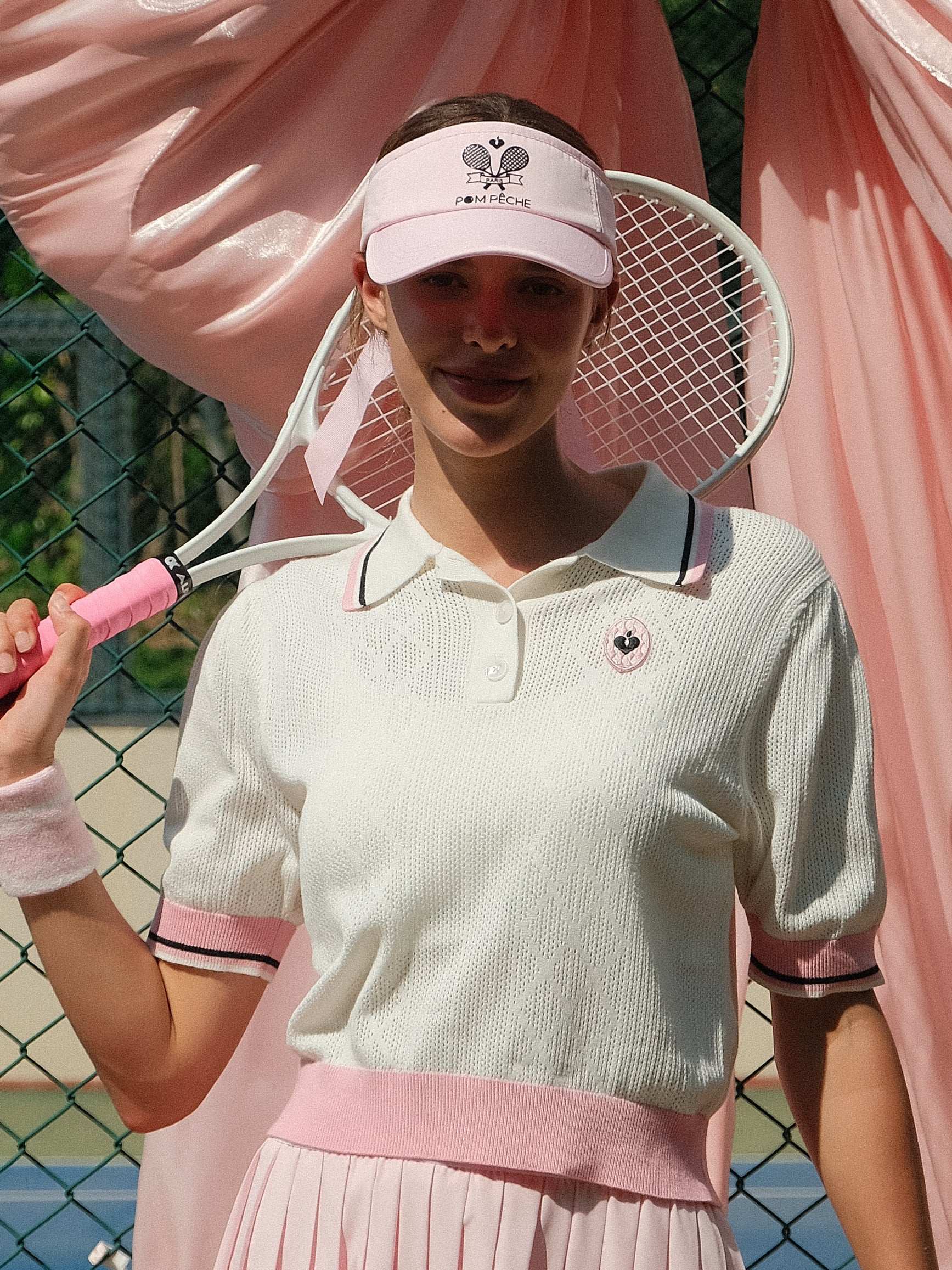 AUDREY Ivy League Puff-Sleeve Polo Shirt with Pink Trim