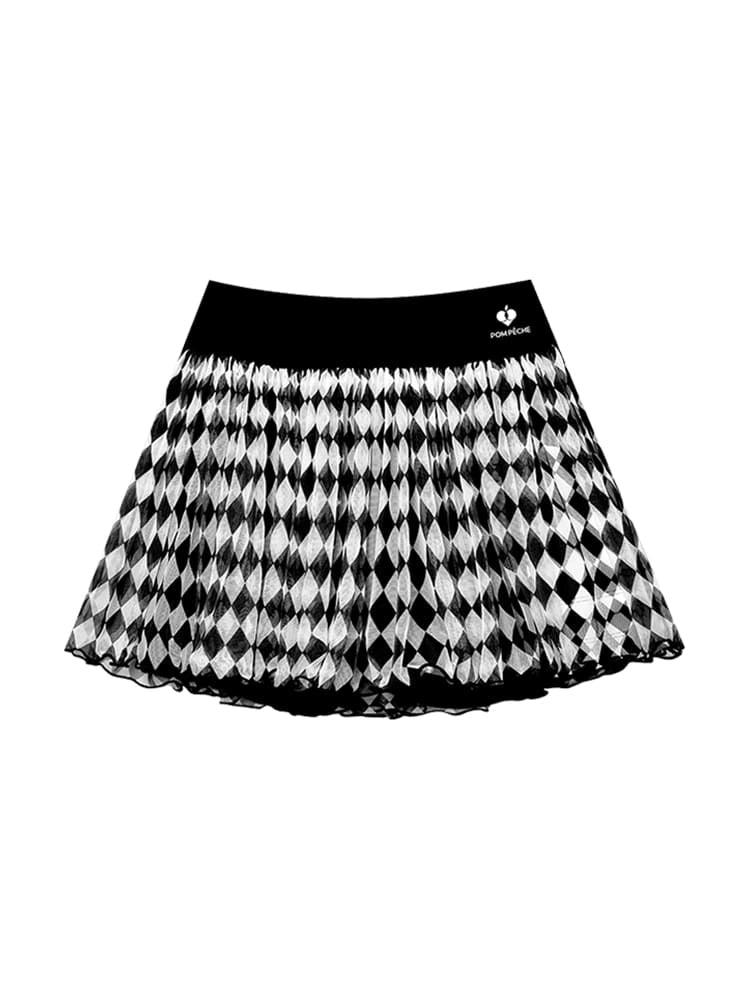 Black and white checkered skirt with a brand logo on a white background