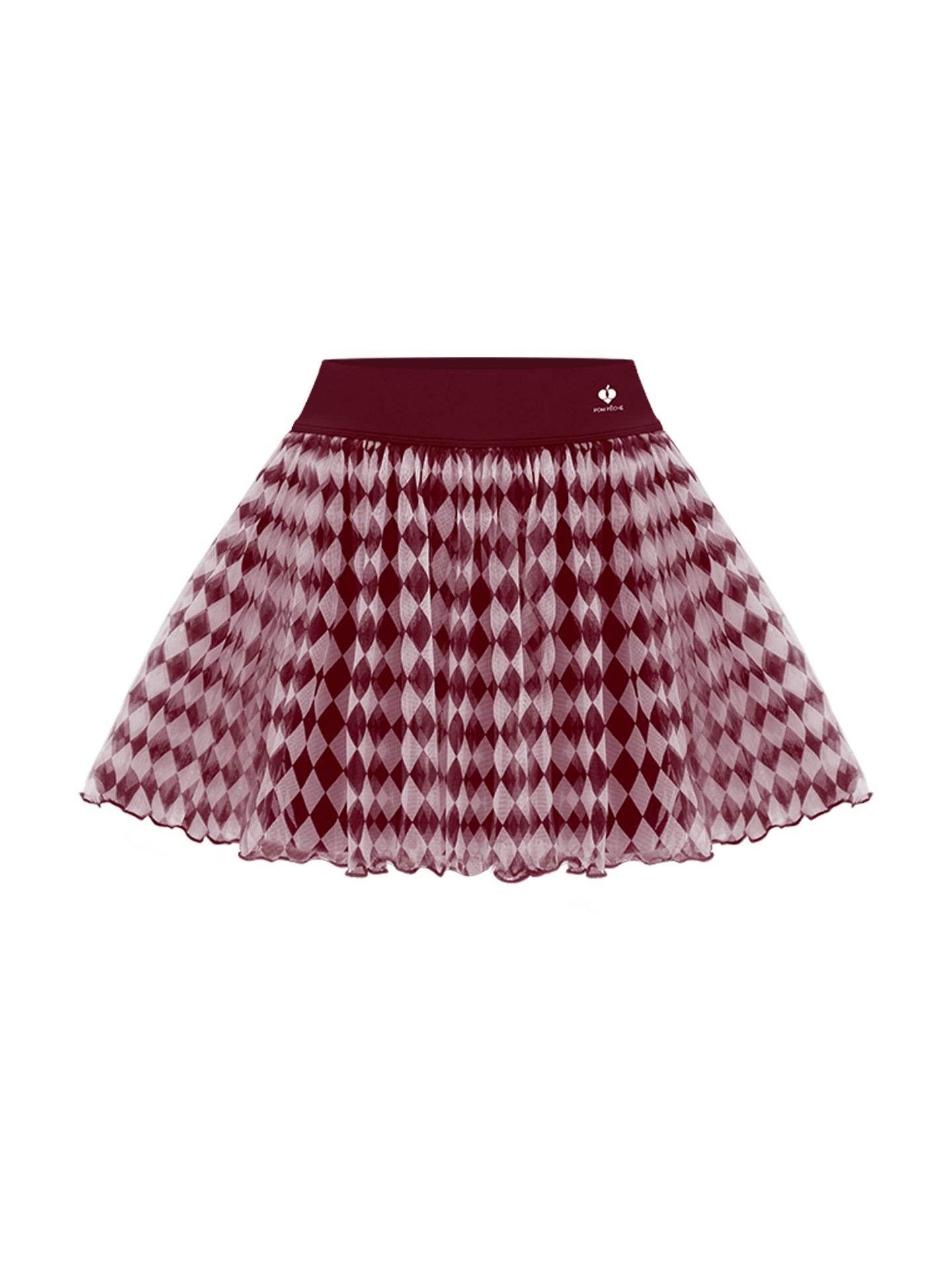A flat lay of a red argyle mesh tennis skirt featuring a lightweight pleated mesh overlay and wide waistband, shown against a clean white background