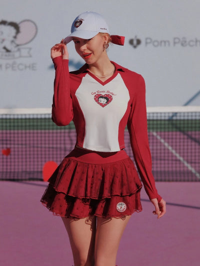 Betty Boop Long Sleeve Top white and Paris red shown in sporty tennis outfit on court