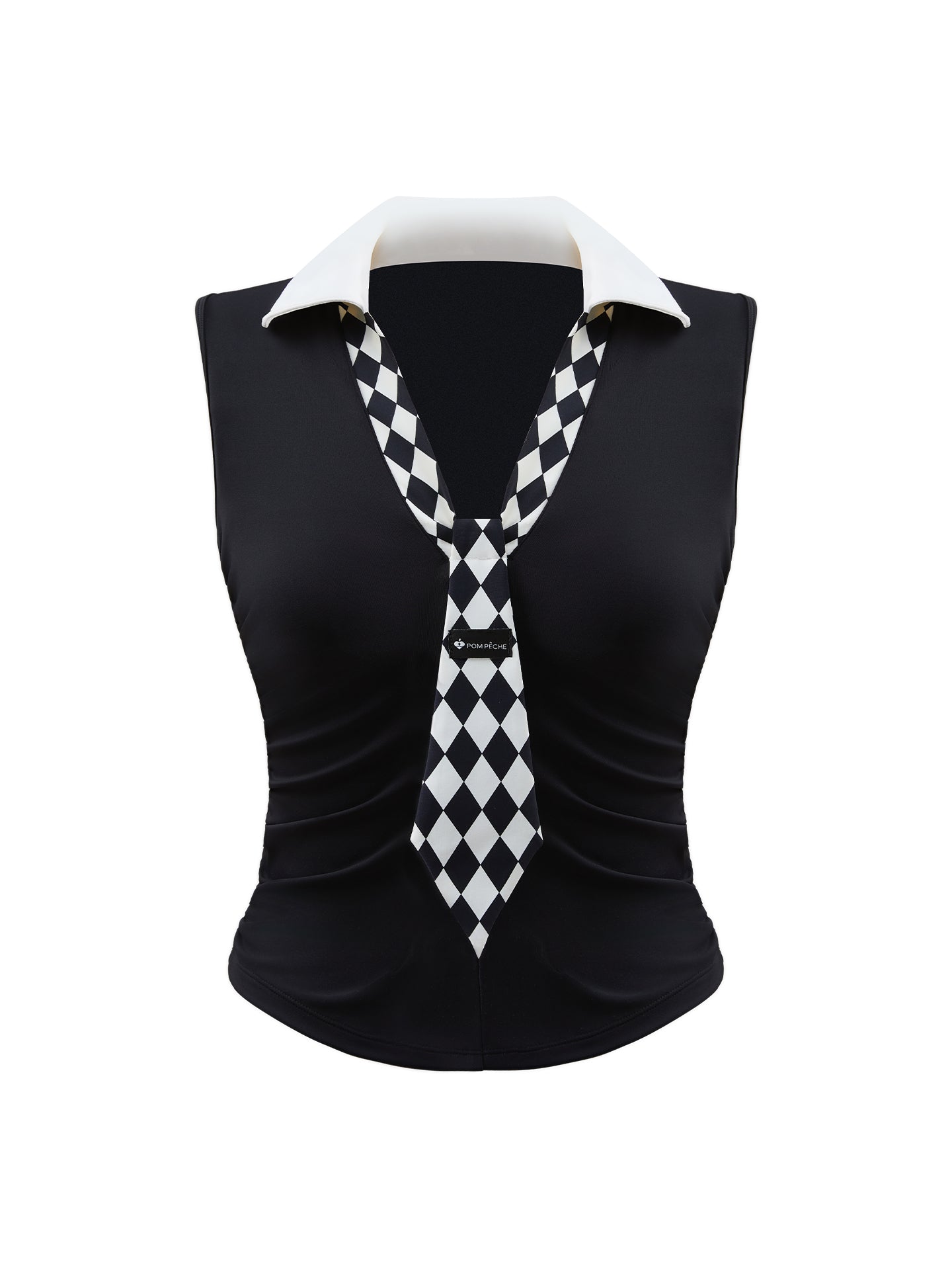 Black slim-fit tennis top with a playful diamond-pattern tie detail, styled for a chic on-court look.