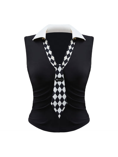 Black slim-fit tennis top with a playful diamond-pattern tie detail, styled for a chic on-court look.