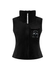 Warm black fleece vest with high-neck zip design and embroidered chest pocket, styled on the tennis court.