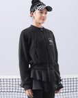 Black fleece zip-up jacket with a soft texture and subtle logo detail, offering a polished yet cozy look.