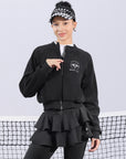 Black fleece zip-up jacket with a soft texture and subtle logo detail, offering a polished yet cozy look.