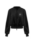 Black fleece zip-up jacket with a soft texture and subtle logo detail, offering a polished yet cozy look.