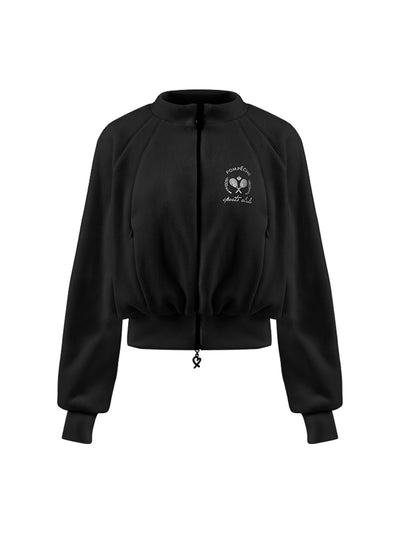 Black fleece zip-up jacket with a soft texture and subtle logo detail, offering a polished yet cozy look.