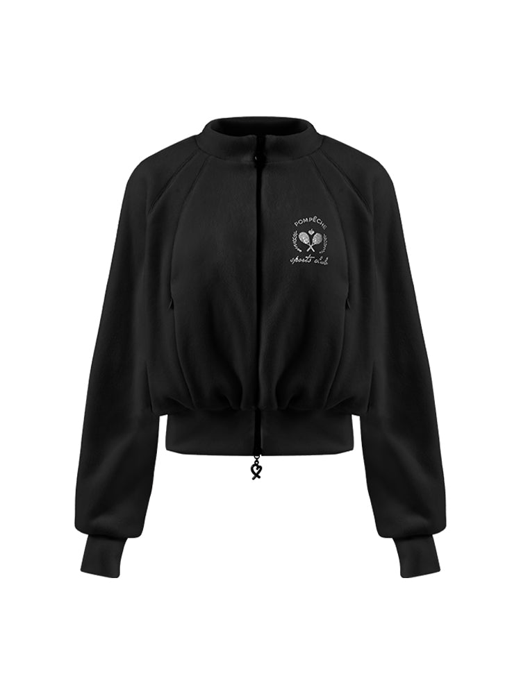 Black fleece zip-up jacket with a soft texture and subtle logo detail, offering a polished yet cozy look.