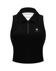 Black half-zip cropped tennis polo top with breathable mesh back and printed logo, designed for lightweight comfort on court.