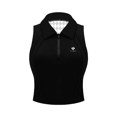 Black half-zip cropped tennis polo top with breathable mesh back and printed logo, designed for lightweight comfort on court.
