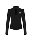 Black long-sleeve zip-collar polo top with a subtle printed logo, featuring a fitted silhouette for a sleek, sporty look.