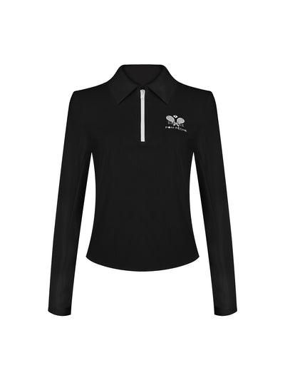 Black long-sleeve zip-collar polo top with a subtle printed logo, featuring a fitted silhouette for a sleek, sporty look.