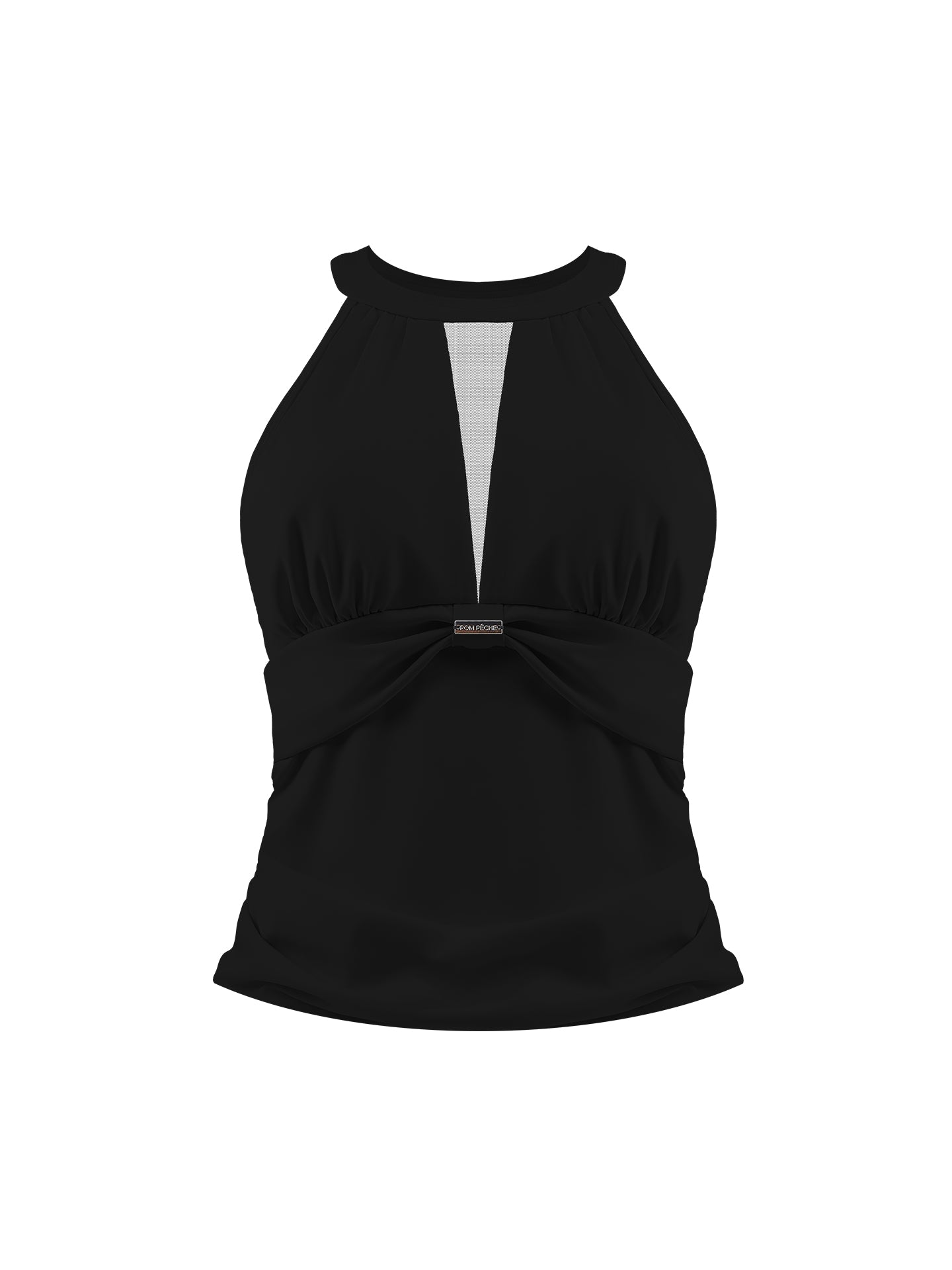 Black mesh halter tennis top with a twist-front detail, offering a flattering fit and lightweight comfort for on-court wear.