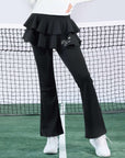 Black tiered-ruffle flare tennis leggings with built-in skirt, stretchy and breathable, easy movement from court to street.