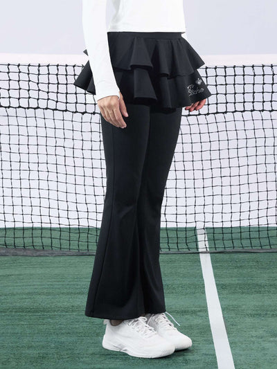 Black tiered-ruffle flare tennis leggings with built-in skirt, stretchy and breathable, easy movement from court to street.