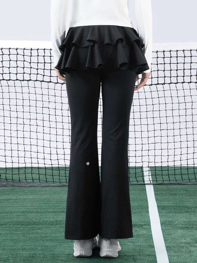 Black tiered-ruffle flare tennis leggings with built-in skirt, stretchy and breathable, easy movement from court to street.