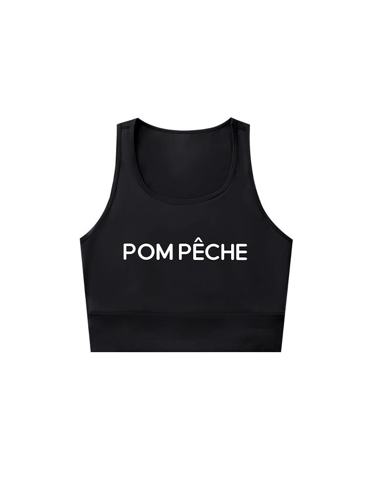 Black sports bra with brand logo, designed for comfort and style during active sports.